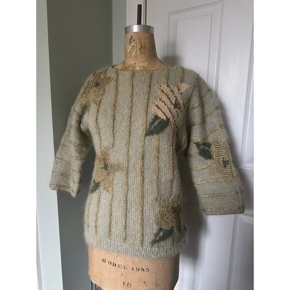 Vintage Mohair Wool Sweater gold metallic striped floral sage Mint green glam - Picture 14 of 16